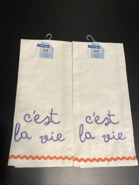 LOT of 2 Kitchen C’est La Vie Tea Towels Embroidered Set FUN Purple Pink NEW NWT